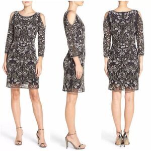 Pisarro Nights Embellished Mesh Cold Shoulder Sheath Dress Sequins Beaded Size 2